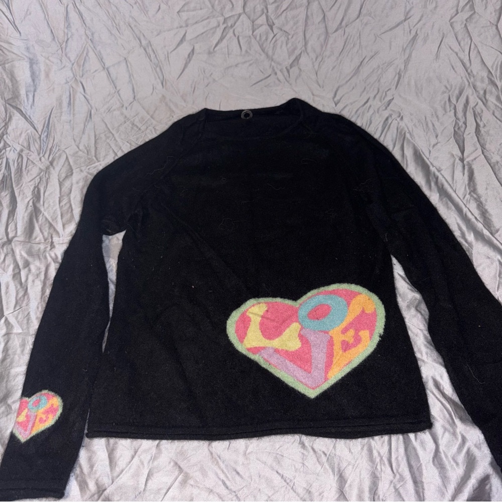 One Girl Who Black Long-Sleeve Tee with Multicolor Heart Appliqué